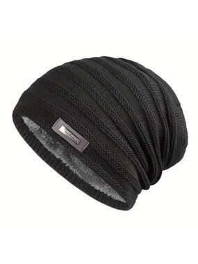 Black Knitted Beanie with Plush Fleece Lining
